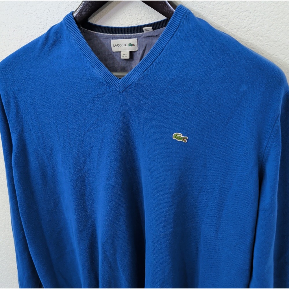 Lacoste AH0347 V-Neck Sweater Blue 100% Cotton Mens 3XL FR 8 Pullover